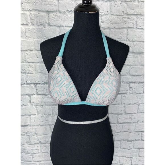 Hula Honey cut out halter tie bikini top light blue/grey w/shimmer sz L - Picture 1 of 10